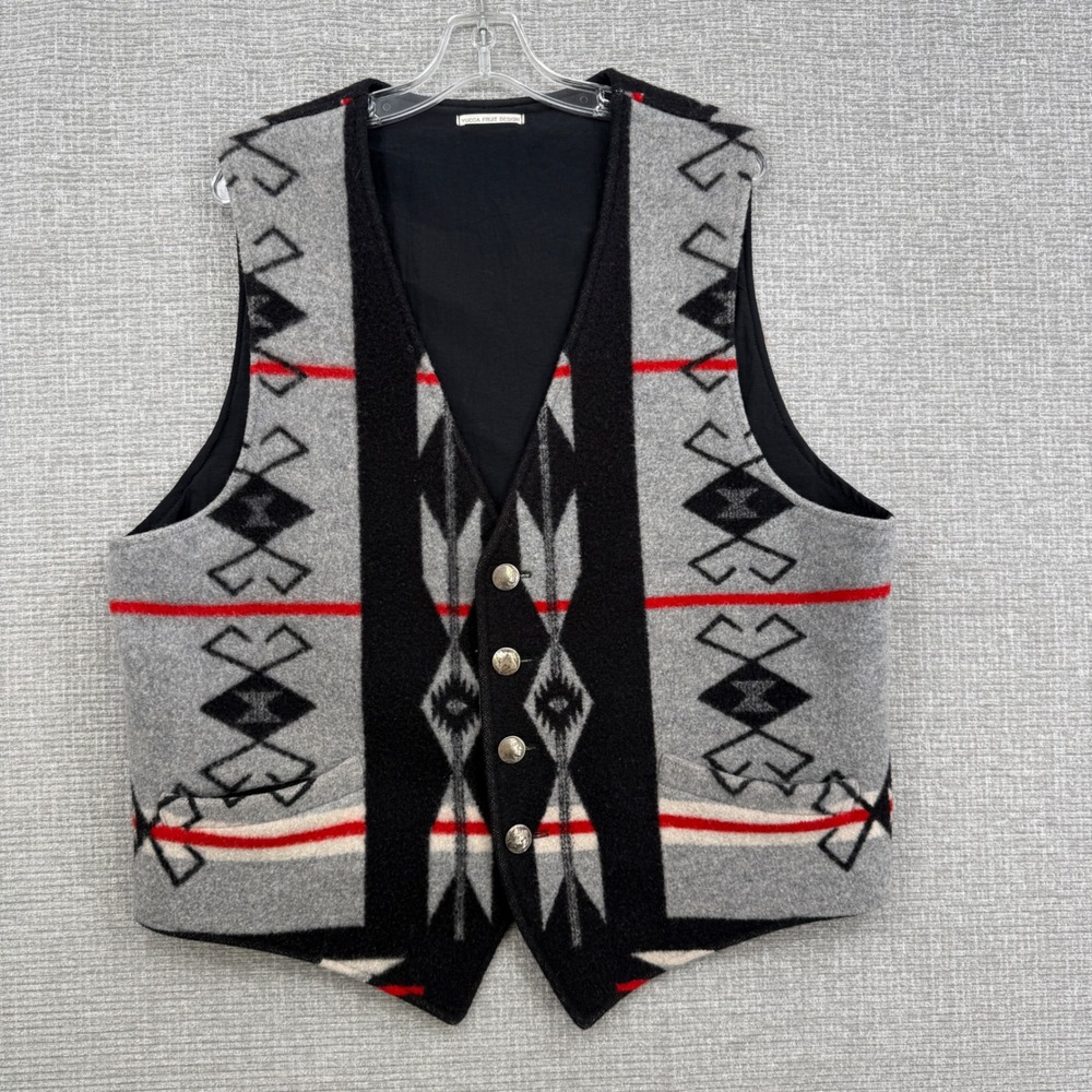 Yucca Fruit Design Navajo Wool Blanket Vest Men XL Grey Buffalo Nickel Western